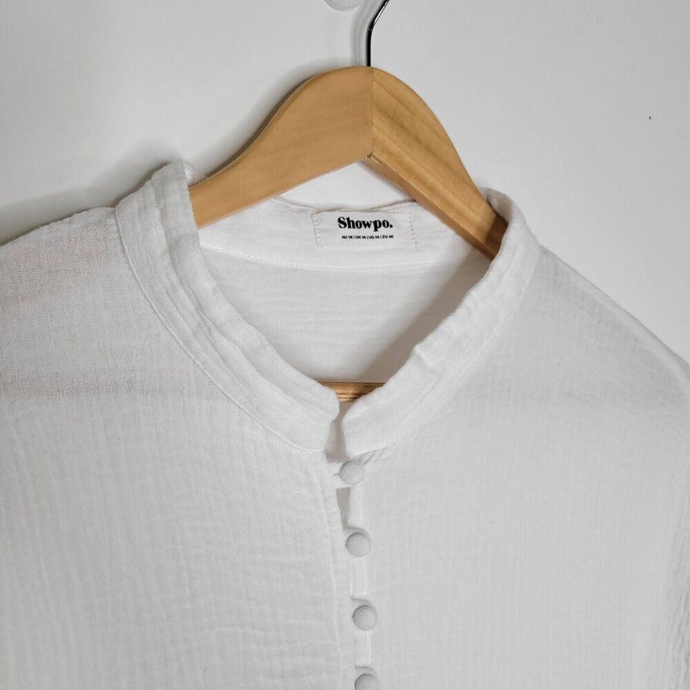 SHOWPO White Gauzy Cotton Playsuit Size 14 Pockets Drawstring Lined Puff Sleeve - Picture 6 of 11